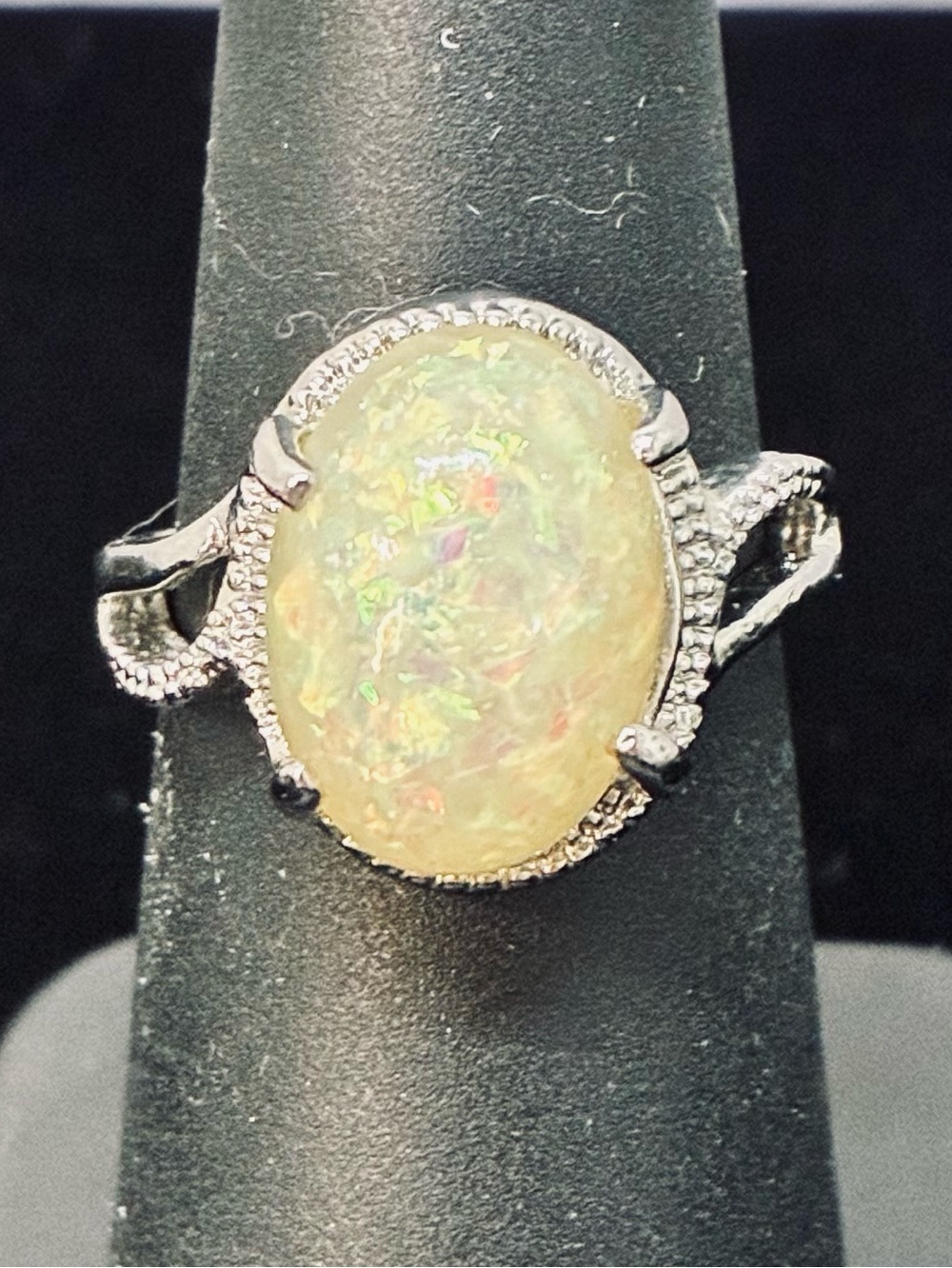Sparkling Faux Opal Ring Oval Silvertone pave accents Sz.6